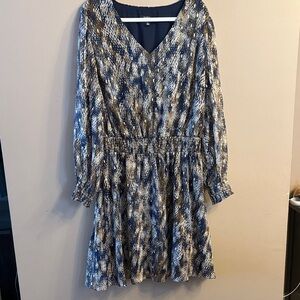MSK Blue, Gold flecks, beige Brown Long Sleeve Dress like new 2x